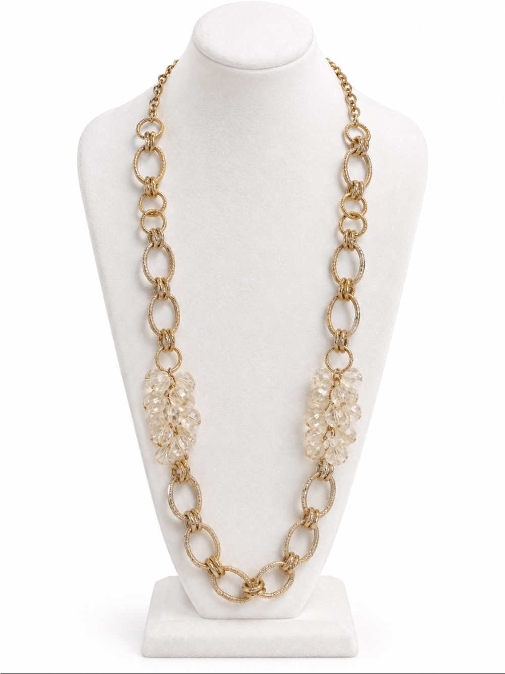 Gold Tone Oval Link & Clear Faceted Bead Cluster Long Necklace